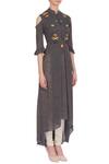 Desert Shine by Sulochana Jangir_Grey Mandarin Collar Linen Silk Cold Shoulder Kurta For Women_Online_at_Aza_Fashions