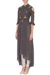 Buy_Desert Shine by Sulochana Jangir_Grey Mandarin Collar Linen Silk Cold Shoulder Kurta For Women_Online_at_Aza_Fashions