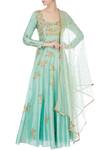 Buy_Joy Mitra_Blue Square Neck Chanderi Anarkali With Dupatta _at_Aza_Fashions