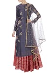 Buy_Joy Mitra_Grey Round Chanderi Kurta And Lehenga Set _at_Aza_Fashions