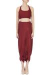 Shop_Joy Mitra_Red Blouse: Halter Silk Cape And Dhoti Pant Set For Women_Online_at_Aza_Fashions