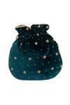 Shop Adora By Ankita Teal Embroidery, Sequins, Pearls Fleur-de-lis Zardozi Velvet Potli at Aza Fashions Shop_Adora By Ankita_Teal Embroidery, Sequins, Pearls Fleur-de-lis Zardozi Velvet Potli _at_Aza_Fashions