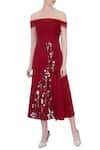 Buy_Gauri & Nainika_Red Micro Fiber Square Neck Embroidered Off Shoulder Dress For Women_at_Aza_Fashions