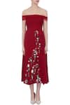 Shop_Gauri & Nainika_Red Micro Fiber Square Neck Embroidered Off Shoulder Dress  _Online_at_Aza_Fashions