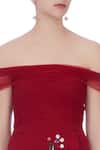 Gauri & Nainika_Red Micro Fiber Square Neck Embroidered Off Shoulder Dress For Women_at_Aza_Fashions