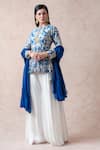 Buy_Thetaa_Blue Tussar Silk Printed Mughal Mandarin Collar Floral Peplum Kurta Sharara Set _Online_at_Aza_Fashions