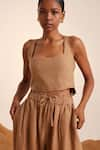 Cord_Brown Linen Square Neck Sleeveless Crop Top And Pant Set _Online_at_Aza_Fashions