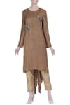 Buy_Joy Mitra_Brown Silk Blend Embroidered Floral Applique Work Tunic With Asymmetric Hemline _at_Aza_Fashions