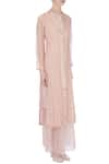 Urvashi Kaur_Peach V Neck Silk Long Jacket  _Online_at_Aza_Fashions