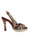 Shop_Veruschka By Payal Kothari_Maroon Embroidery Velvet Embellished Peep-toe Heels _at_Aza_Fashions