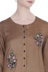 Joy Mitra_Brown Silk Blend Embroidered Floral Applique Work Tunic With Asymmetric Hemline _at_Aza_Fashions