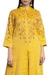 Shop_Priyam Narayan_Yellow Mandarin Collar Embroidered Kurta Set For Women_at_Aza_Fashions