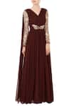Buy_Mani Bhatia_Brown V Neck Embroidered Draped Anarkali Gown For Women_at_Aza_Fashions