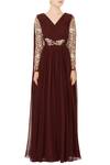 Shop_Mani Bhatia_Brown V Neck Embroidered Draped Anarkali Gown For Women_Online_at_Aza_Fashions