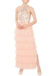 Buy_Mani Bhatia_Peach Tulle Net Embellished Halter Layered Gown For Women_at_Aza_Fashions