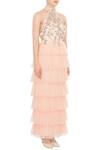 Mani Bhatia_Peach Tulle Net Embellished Halter Layered Gown For Women_Online_at_Aza_Fashions