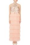 Shop_Mani Bhatia_Peach Tulle Net Embellished Halter Layered Gown For Women_Online_at_Aza_Fashions