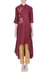 Shop Joy Mitra Red Silk Blend Embroidered Zari Work Collar Sequins Style Tunic Online at Aza Fashions Shop_Joy Mitra_Red Silk Blend Embroidered Zari Work Collar Sequins Style Tunic _Online_at_Aza_Fashions