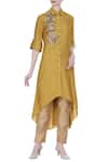 Buy_Joy Mitra_Yellow Silk Blend Embroidered Resham Thread Long Tunic With Asymmetric Hemline _at_Aza_Fashions