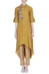 Shop_Joy Mitra_Yellow Silk Blend Embroidered Resham Thread Long Tunic With Asymmetric Hemline _Online_at_Aza_Fashions