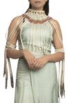 Priyam Narayan_Green High Neck Fringed Cape Jumpsuit For Women_Online_at_Aza_Fashions