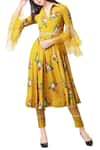 Buy_Mahima Mahajan_Yellow Crepe Printed Floral V Neck Anarkali Kurta And Pant Set _at_Aza_Fashions