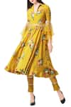 Mahima Mahajan_Yellow Crepe Printed Floral V Neck Anarkali Kurta And Pant Set _Online_at_Aza_Fashions