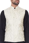 Narendra Kumar_Beige Linen Embroidered Bundi  _at_Aza_Fashions