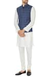 Buy_Narendra Kumar_Blue Linen Printed Checks Chequered Bundi And Kurta Set  _at_Aza_Fashions