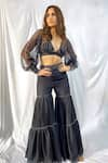 Buy_Maiti Shahani_Black Viscose Dupion Embroidered Glass Cutdana Crop Top Sharara Set  _at_Aza_Fashions