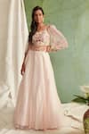 Buy_Priyanka Jain_Pink Organza V Neck Cape And Lehenga Set _at_Aza_Fashions