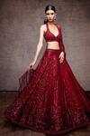 Buy_Sawan Gandhi_Red Cutdana Work, Sequin Leaf Neck Metallic Embellished Bridal Lehenga Set _at_Aza_Fashions