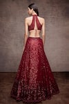 Shop_Sawan Gandhi_Red Cutdana Work, Sequin Leaf Neck Metallic Embellished Bridal Lehenga Set _at_Aza_Fashions