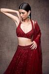 Sawan Gandhi_Red Cutdana Work, Sequin Leaf Neck Metallic Embellished Bridal Lehenga Set _Online_at_Aza_Fashions