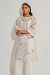 Buy_Sage Saga_Blue Chanderi Printed Floral Pihu Short Phiran Kurta And Lace Work Palazzo Set _Online_at_Aza_Fashions