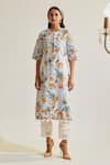 Buy_Sage Saga_Blue Chanderi, Lace, Linen Lace, Cut Work Soha Floral Print Kurta Palazzo Set _Online_at_Aza_Fashions