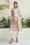 Sage Saga_Peach Lawn Cotton Printed Floral Round Blossom Panelled Anarkali Palazzo Set _Online_at_Aza_Fashions