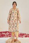 Sage Saga_Yellow Linen Embroidery, Lace Mahgul Floret Print Kurta For Kids_Online_at_Aza_Fashions