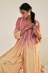 Sage Saga_Yellow Chanderi Printed Floral V Neck Mahgul Lace Work Kurta And Sharara Set _Online_at_Aza_Fashions