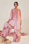 Sage Saga_Pink Chanderi Printed Floral V Neck Mahgul Lace Work Kurta And Sharara Set _Online_at_Aza_Fashions