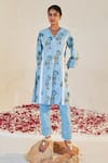 Shop Sage Saga Blue Chanderi, Lace, Linen Embroidery V-neck Pihu Tree Print Tunic Palazzo Set Online at Aza Fashions Shop_Sage Saga_Blue Chanderi, Lace, Linen Embroidery V-neck Pihu Tree Print Tunic Palazzo Set _Online_at_Aza_Fashions