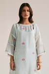 Sage Saga_Blue Chanderi, Cotton Lace Keyhole Neck Pihu Printed Phiran Kurta _Online_at_Aza_Fashions