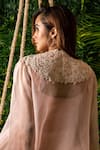 Pallavi Poddar_Pink Dupion Embroidery Thread And Pearls Peacock Asymmetric Hem Cape & Pant Set _Online_at_Aza_Fashions