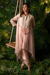 Buy_Pallavi Poddar_Pink Dupion Embroidery Thread And Pearls Peacock Asymmetric Hem Cape & Pant Set _Online_at_Aza_Fashions