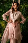 Shop_Pallavi Poddar_Pink Dupion Embroidery Thread And Pearls Peacock Asymmetric Hem Cape & Pant Set _Online_at_Aza_Fashions