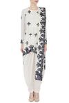Shop_Kisneel By Pam_Ivory Pure Cotton Printed Round Neckline Patchwork Kurta With Dhoti Pants_Online_at_Aza_Fashions