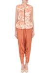 Shop_Natasha J_Orange Mandarin Collar Printed Peplum Top And Dhoti Pant Set For Women_Online_at_Aza_Fashions