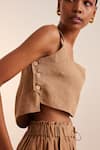 Buy_Cord_Brown Linen Square Neck Sleeveless Crop Top And Pant Set _Online_at_Aza_Fashions