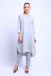 Buy_Linen Bloom_Grey Linen Embroidered Asymmetric Tunic_at_Aza_Fashions