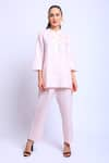 Buy_Linen Bloom_Pink 100% Linen Embroidered Floral Motifs Mandarin Collar Shirt _at_Aza_Fashions